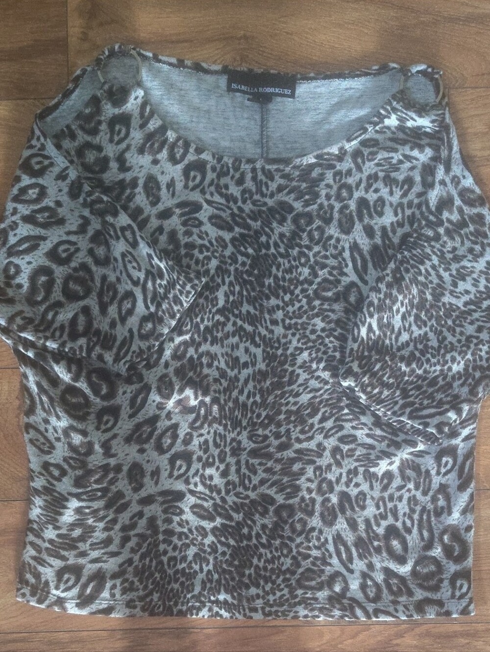 Y2K Animal Print Cutout Cold Shoulder Dolman Sleeve Knit Top Large Gray Brown - Picture 7 of 11
